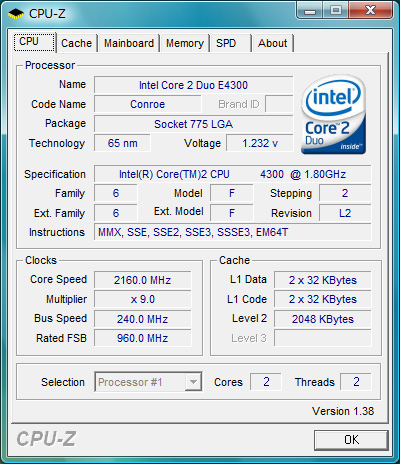 Core2 Duo 1.80GHz → 2.16GHz